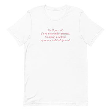 White t-shirt with red text on a white background Pride & Prejudice anniversary tee with quote from the movie.